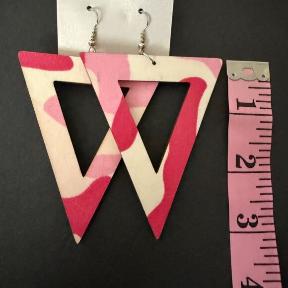 NOC Geometric Pink Camouflage Triangle Wooden Fabric Drop Earrings Lightweight - Picture 3 of 4